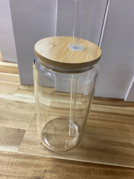 16oz Blank Sublimation Glass with Bamboo Lid & Straw, Sublimation Glass
