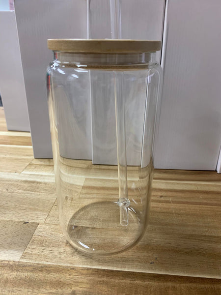 16oz Blank Sublimation Glass with Bamboo Lid & Straw, Sublimation Glass