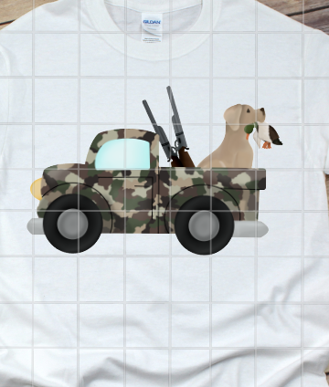 Camo hunting truck with yellow lab, Sublimation Transfer