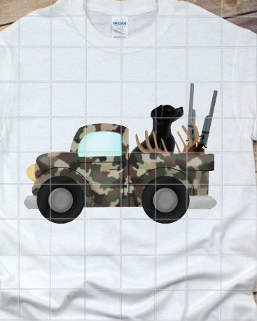 Camo hunting truck with black lab, Sublimation Transfer