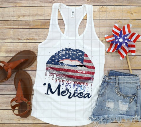 Merica Lips, America Stars and Stripes, Sublimation Transfer