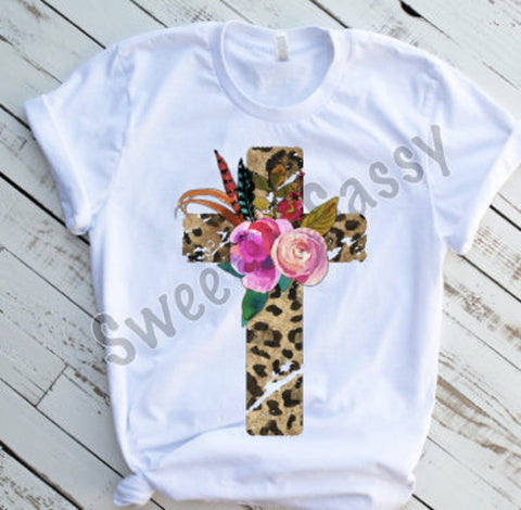 Leopard Print Cross with Flowers Sublimation Transfer