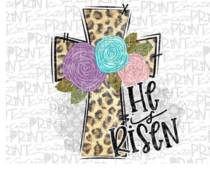 He is risen indeed leopard cross with flowers