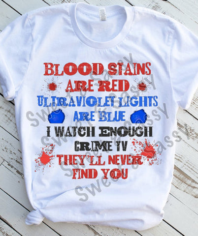 Blood stains are red, Crime TV They'll never find you, Sublimation Transfer