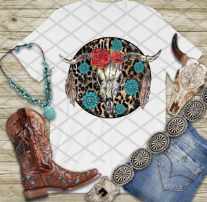 Bull Skull With Roses, turquoise and Leopard, Tribal, Ready to Press, Sublimation Transfer