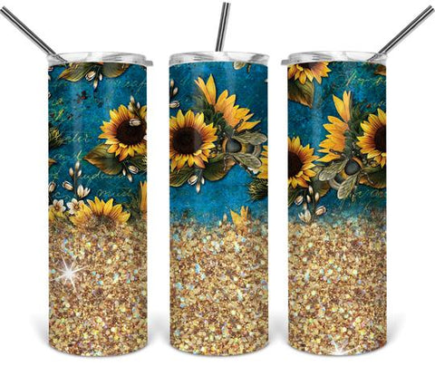 Sunflower with Gold Glitter 20oz. Straight Tumbler Sublimation Transfer, Ready to Press